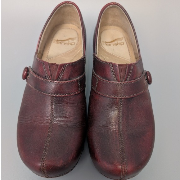 Dansko Burgundy Leather Clogs Mary Jane Button Wedge Slip On Shoes Women 36 - Picture 2 of 12